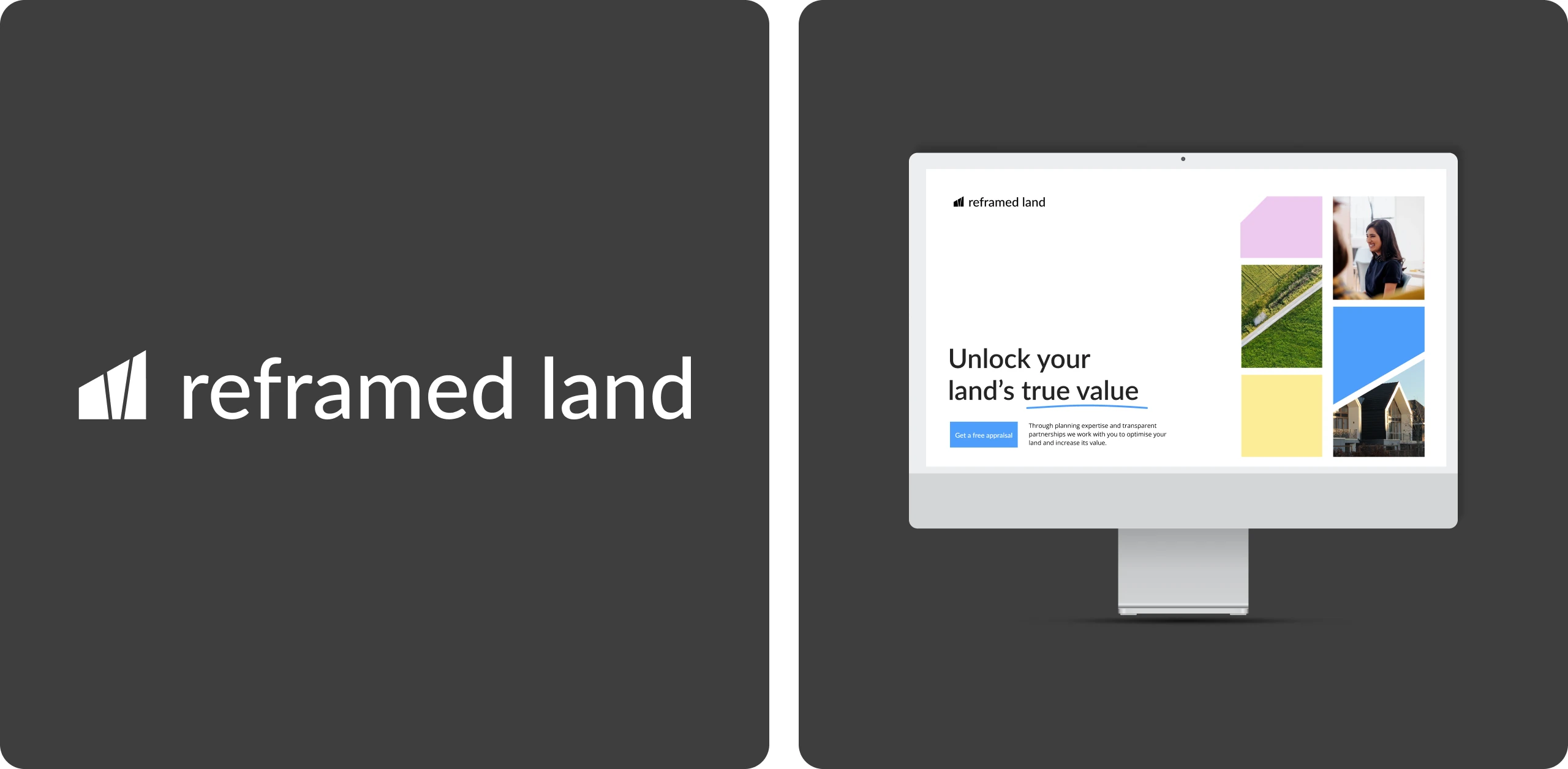 Reframed Land identity and website designs for property development.