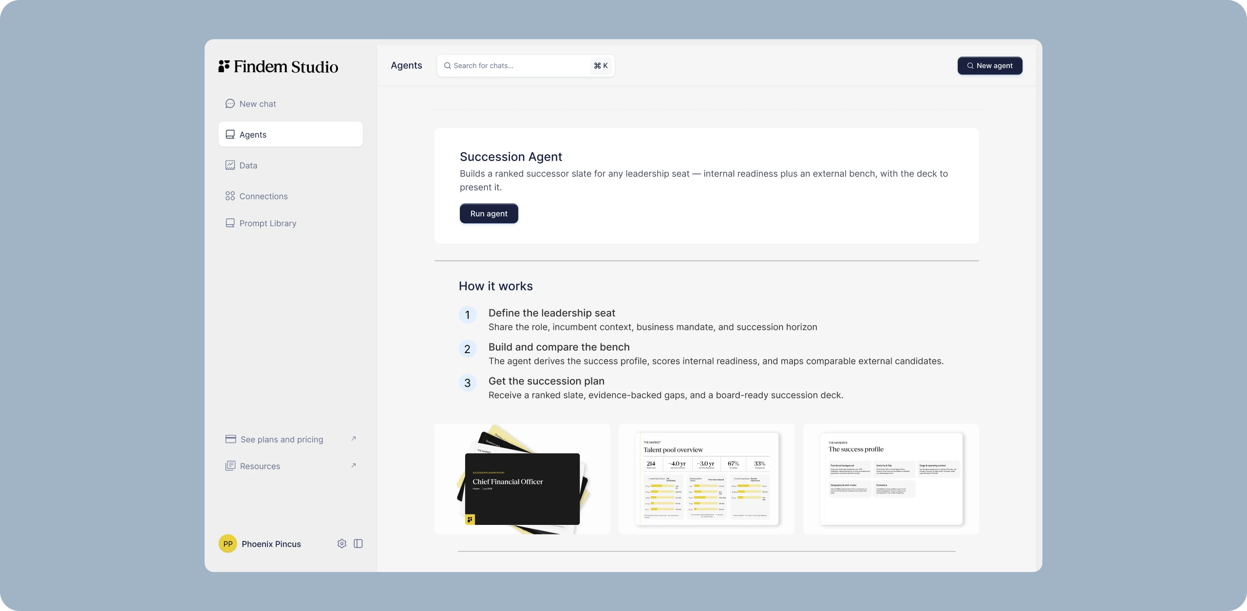 Findem Studio AI agent experience shown in a product mockup.